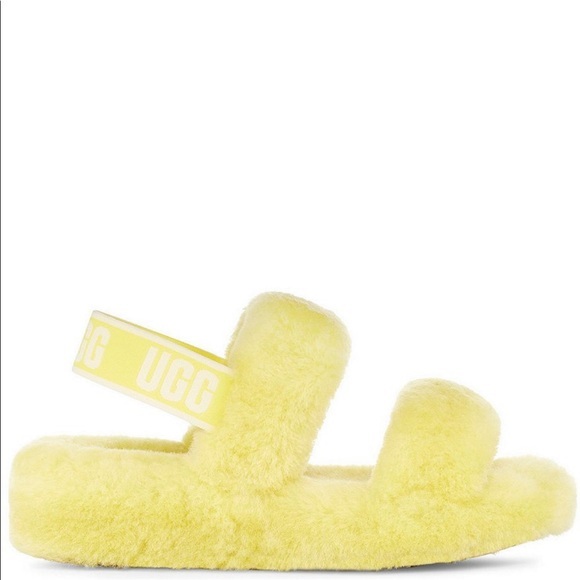 NEW UGG Oh Yeah Fur Slides Yellow Slippers - Picture 2 of 9
